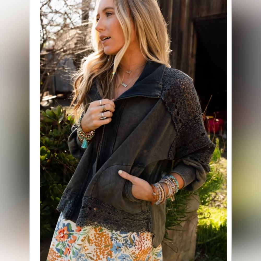 High low, lace trimmed, French Terry denim jacket